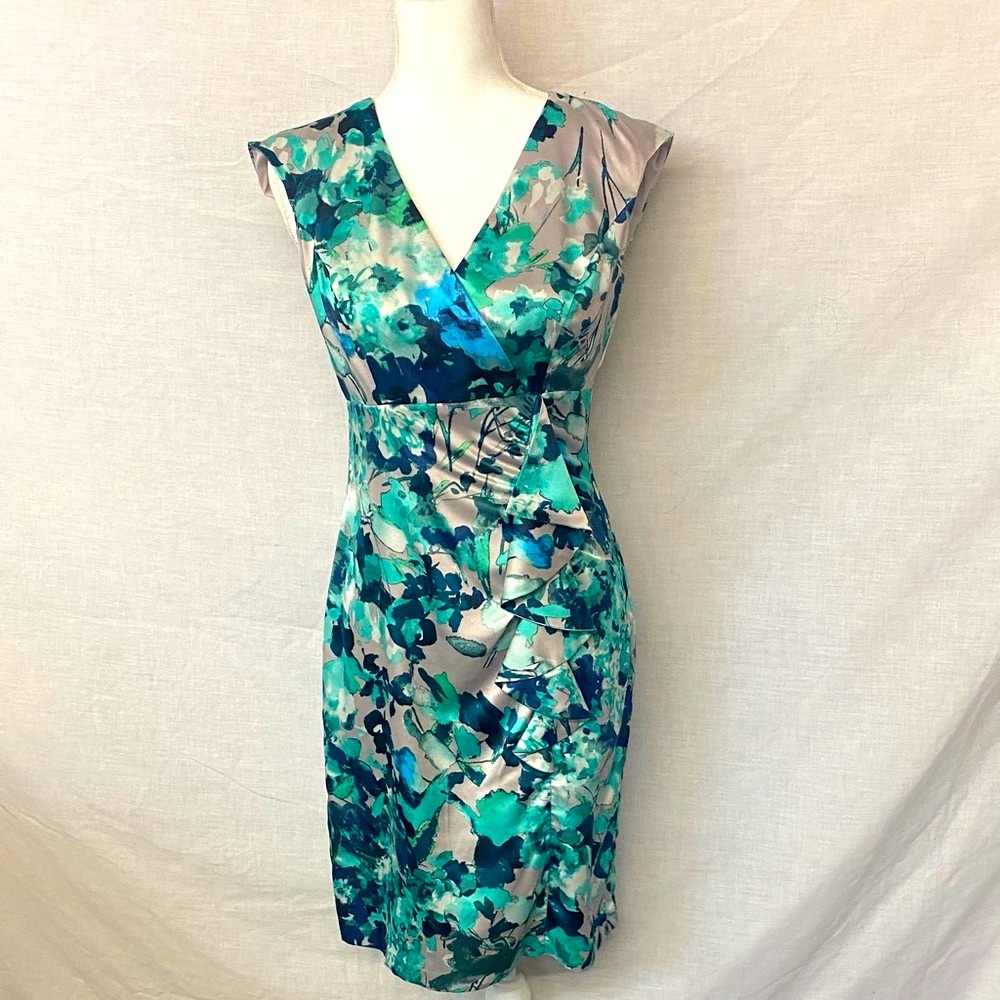 Donna Ricco Teal and Gray Floral Midi Dress